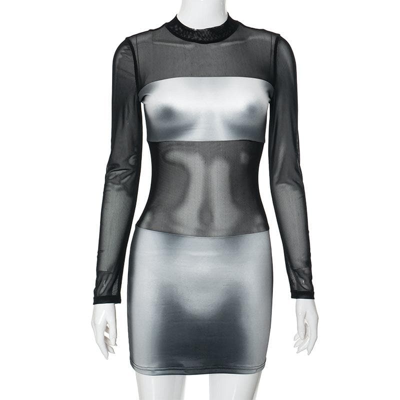 Body print mesh patchwork long sleeve contrast mini dress - View 8
