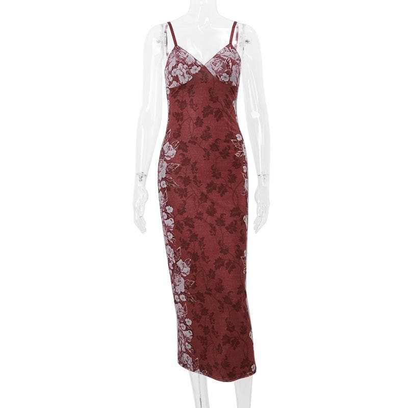 Floral Print V-Neck Spaghetti Strap Bodycon Maxi Dress - View 8