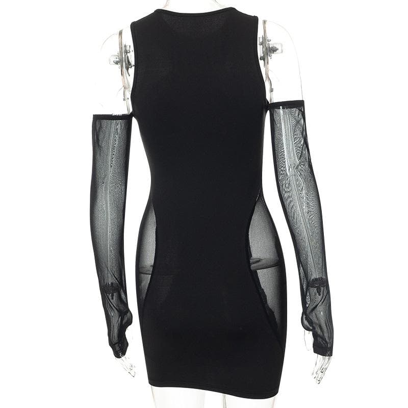 Mesh sleeveless solid gloves crewneck mini dress - View 4