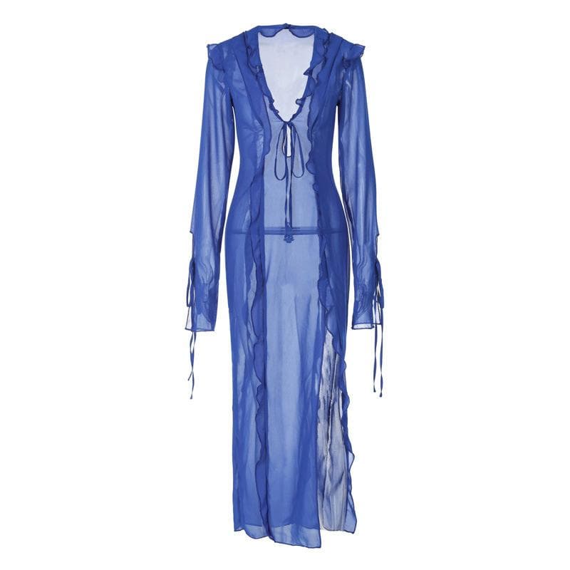 Slit chiffon see through long sleeve v neck self tie maxi dress - View 2