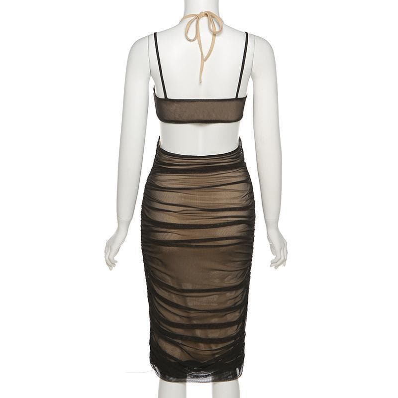 Mesh Halter Neck Cut Out Ruched Bodycon Midi Dress - View 3