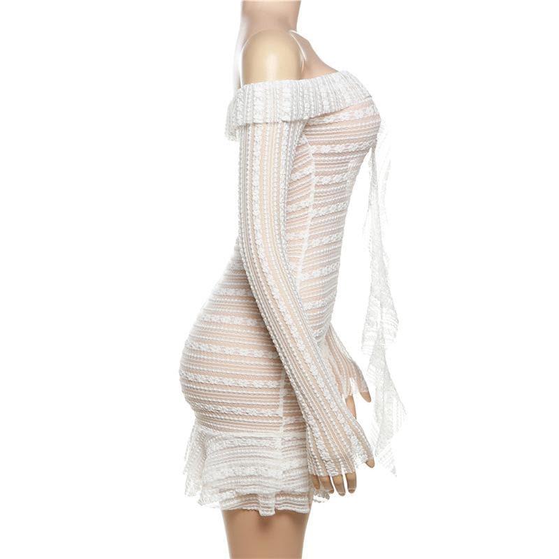 Lace see through off shoulder ruffle long sleeve solid mini dress - View 3