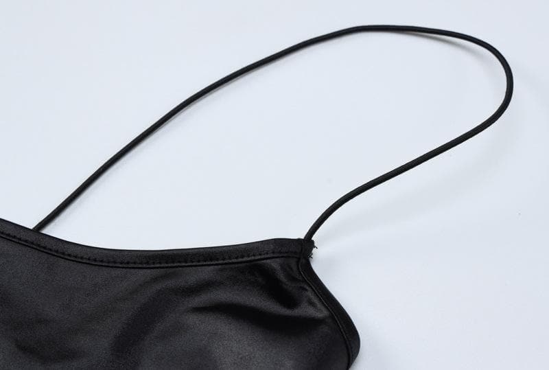 Textured solid satin u neck spaghetti strap sleeveless mini dress - View 6