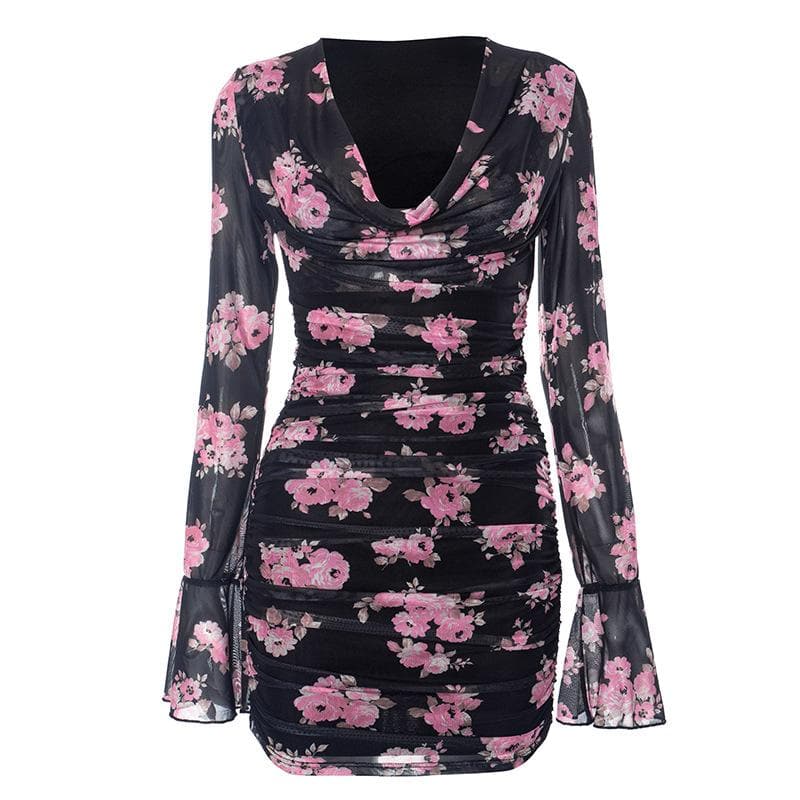 Floral Print Cowl Neck Long Sleeve Ruched Sheer Mesh Mini Dress - View 2