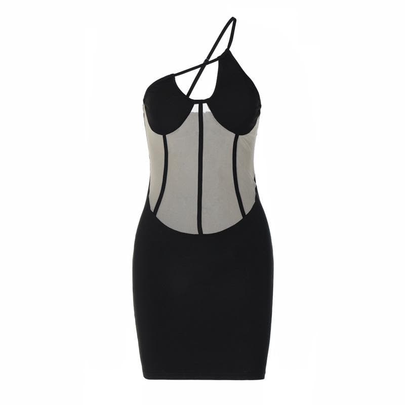 Mesh One Shoulder Cut Out Corset Bodycon Mini Dress - View 2