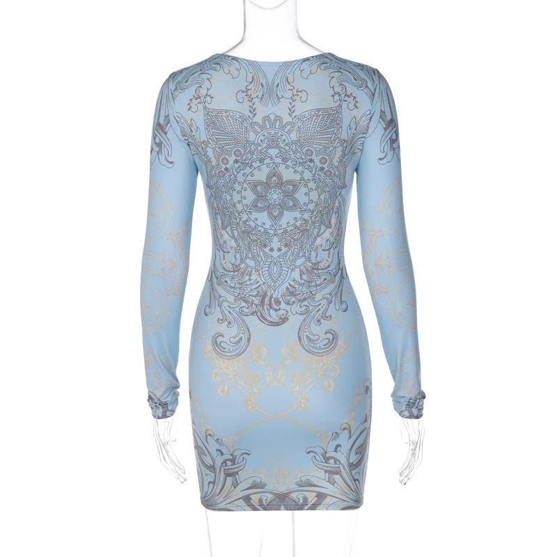 Beaded long sleeve u neck abstract contrast mini dress - View 5