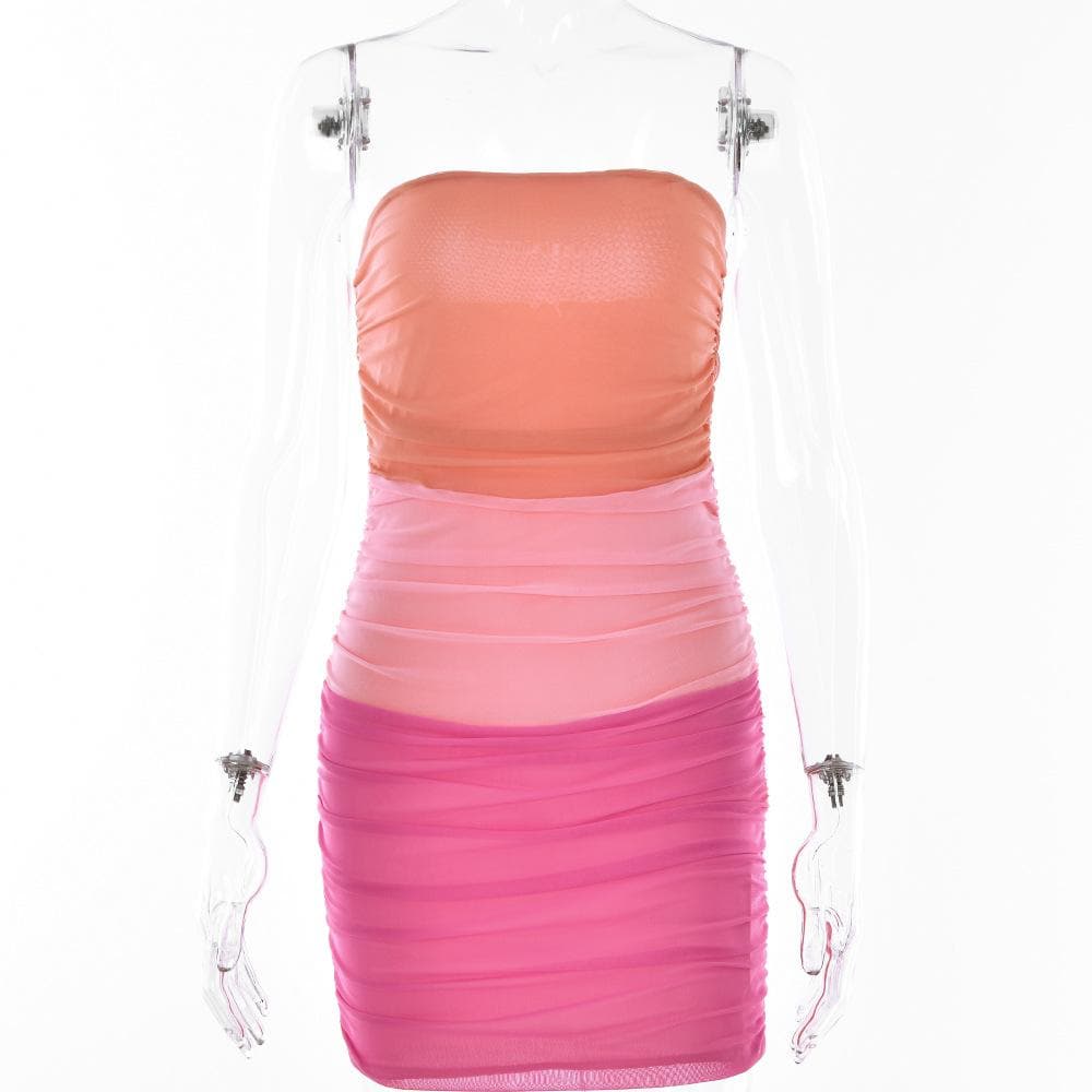 Mesh patchwork contrast ruched tube mini dress - View 8