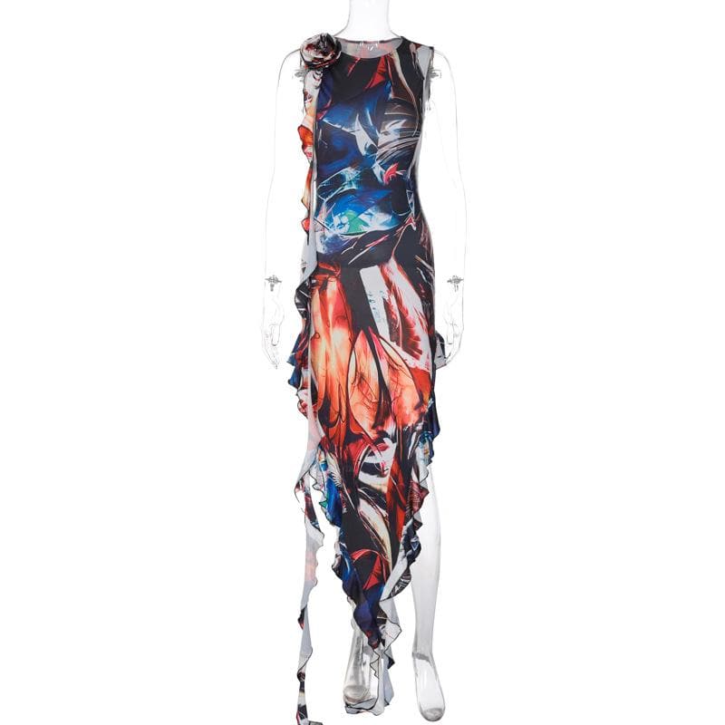 Abstract Print 3D Flower Applique Side Ruffle Sleeveless Maxi Dress - View 3
