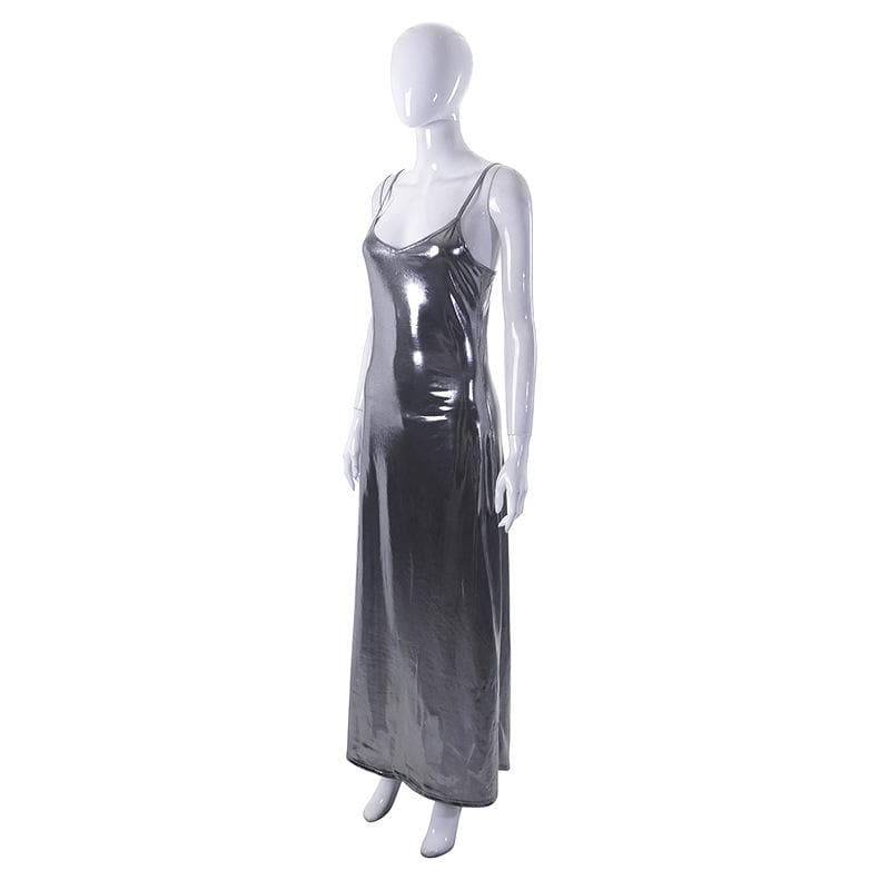 Metallic v neck backless solid low cut cami maxi dress - View 7