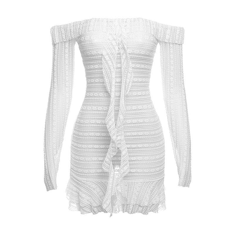 Lace see through off shoulder ruffle long sleeve solid mini dress - View 2