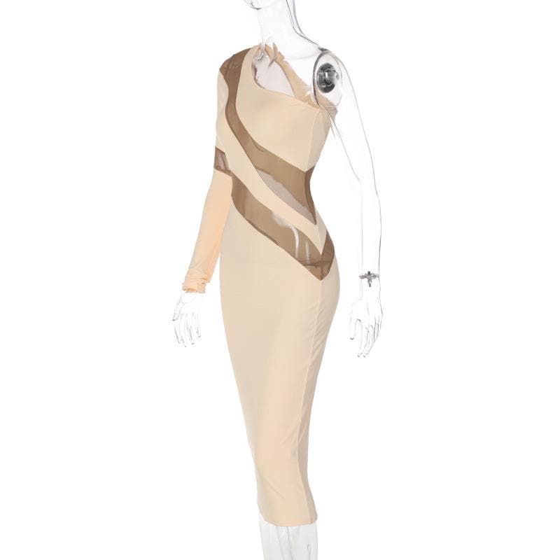 Long sleeve mesh backless one shoulder midi dress - View 5
