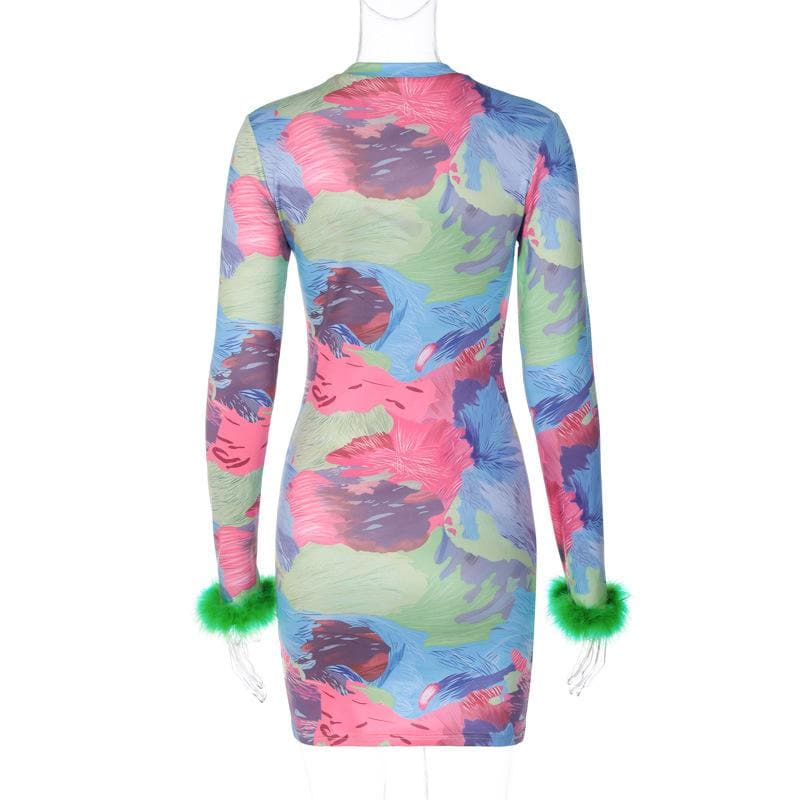 Feather crewneck contrast print long sleeve mini dress - View 4