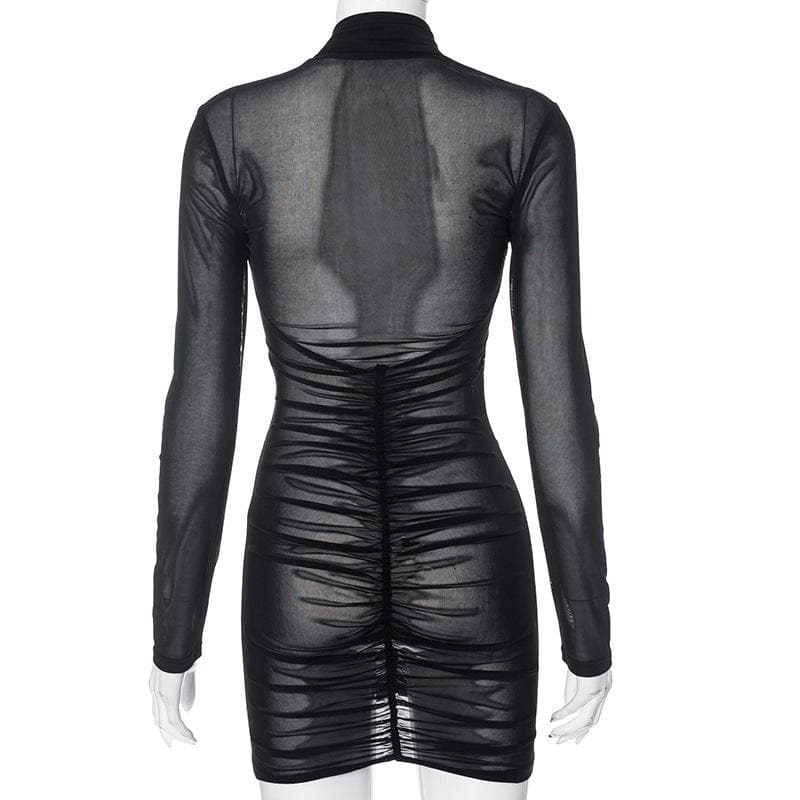 Ruched long sleeve cross front sheer mesh see through mini dress - View 4
