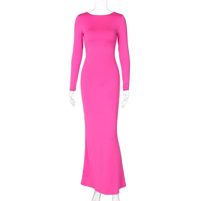 Long sleeve backless lace up ruched solid maxi dress - View 5