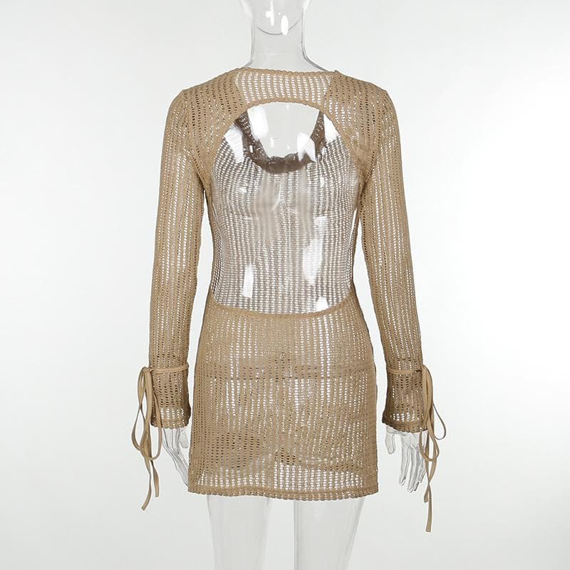 Crochet see through cowl neck long sleeve hollow out mini dress - View 3