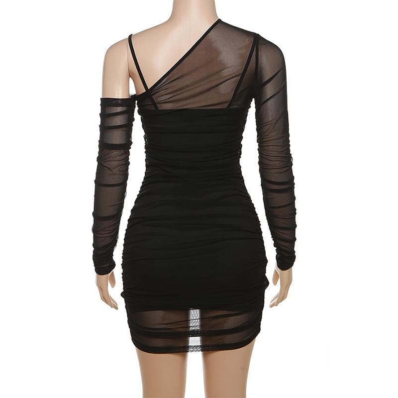 Mesh off shoulder long sleeve irregular ruched mini dress - View 4