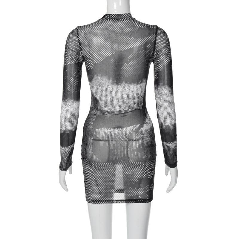 Long sleeve sheer mesh see through contrast polka dot mini dress - View 4