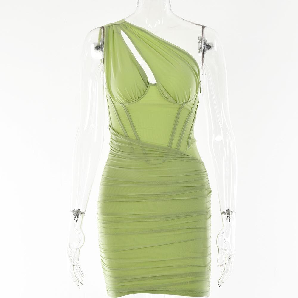 One Shoulder Mesh Ruched Cut Out Bodycon Mini Dress - View 2