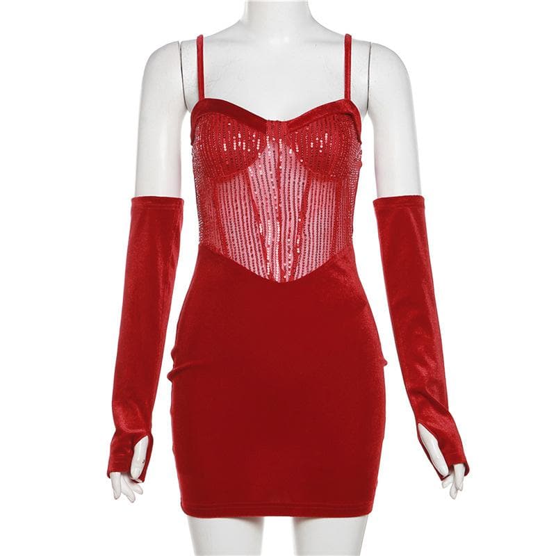Sweetheart neck gloves velvet glitter mesh patchwork cami dress - View 4