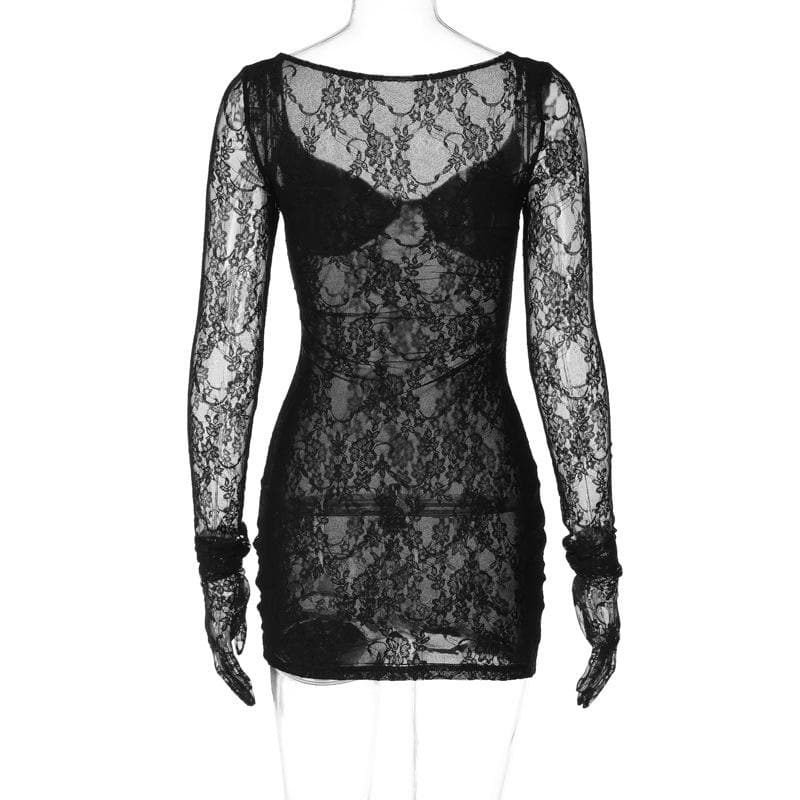 Long sleeve lace gloves see through sweetheart neck mini dress - View 3