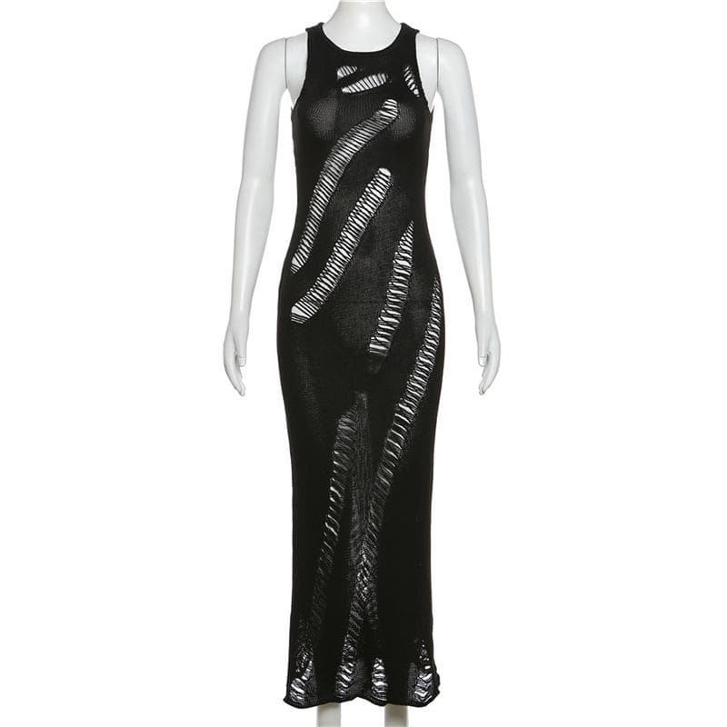 Knit Ladder Cut Out Sleeveless Crew Neck Bodycon Maxi Dress - View 8