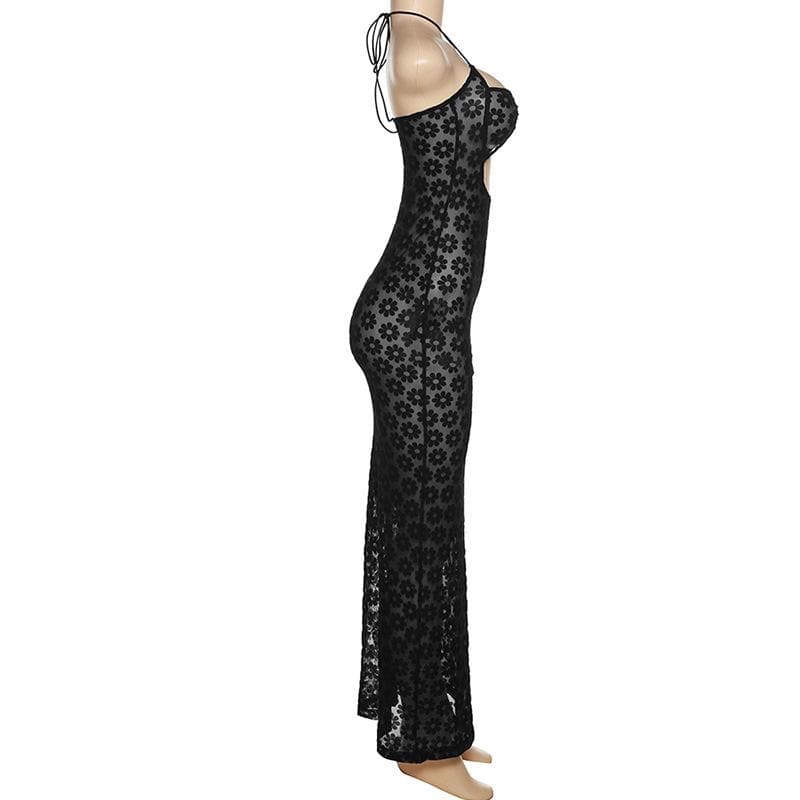 Floral Mesh Halter Neck O Ring Cut Out Bodycon Maxi Dress - View 5