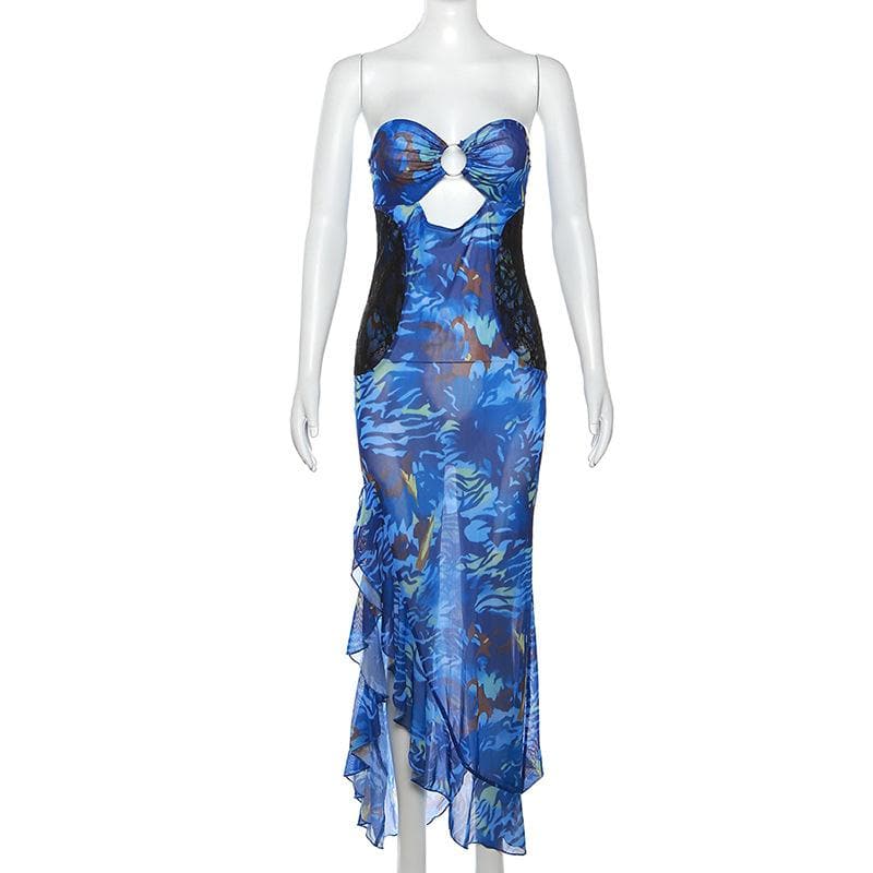 Mesh see through hollow out o ring contrast print ruffle maxi dress - View 8