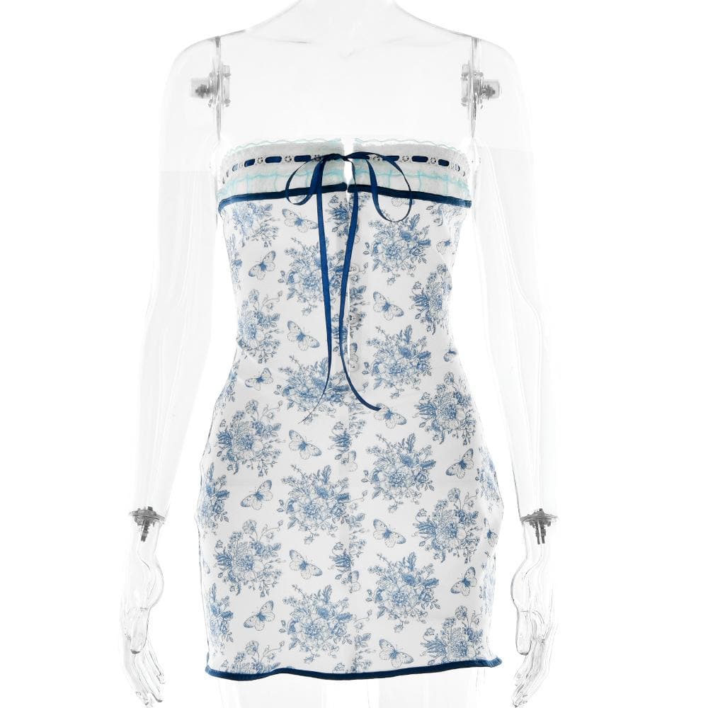 Floral Print Lace Trim Strapless Lace Up Bodycon Mini Dress - View 9