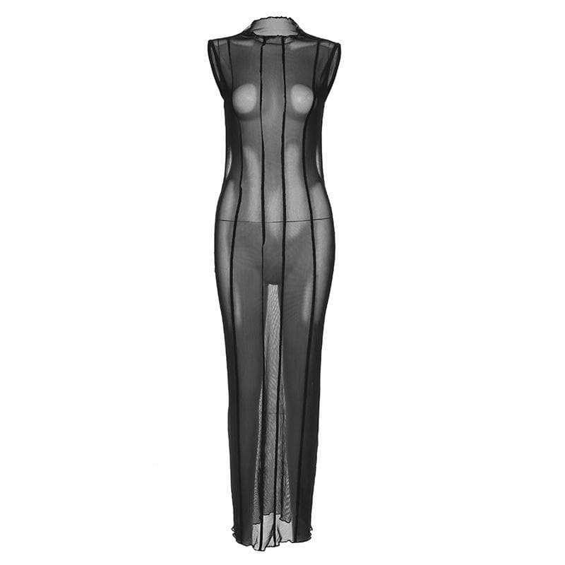 Sleeveless solid sheer mesh see through backless midi dress - View 2