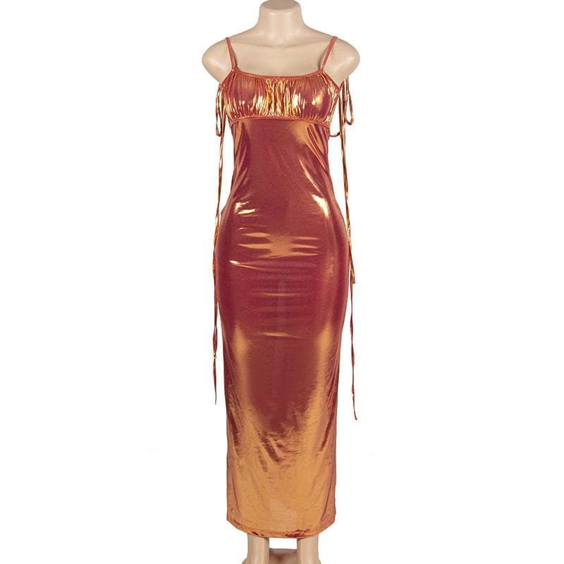 Metallic ruched backless self tie square neck maxi dress - View 3