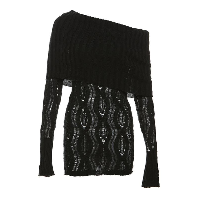 Crochet off shoulder long sleeve hollow out mini dress