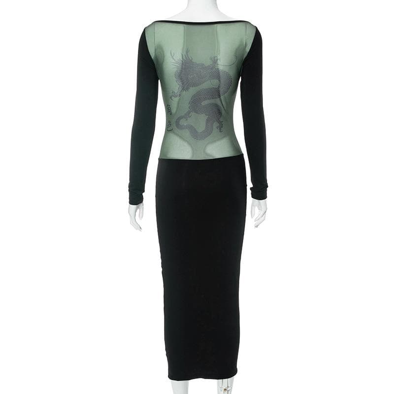 Patchwork mesh long sleeve contrast v neck midi dress - View 2