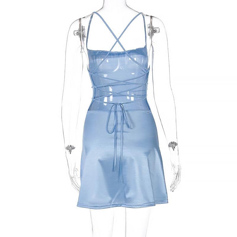 Cross back solid satin cowl neck lace up self tie backless mini dress - View 4