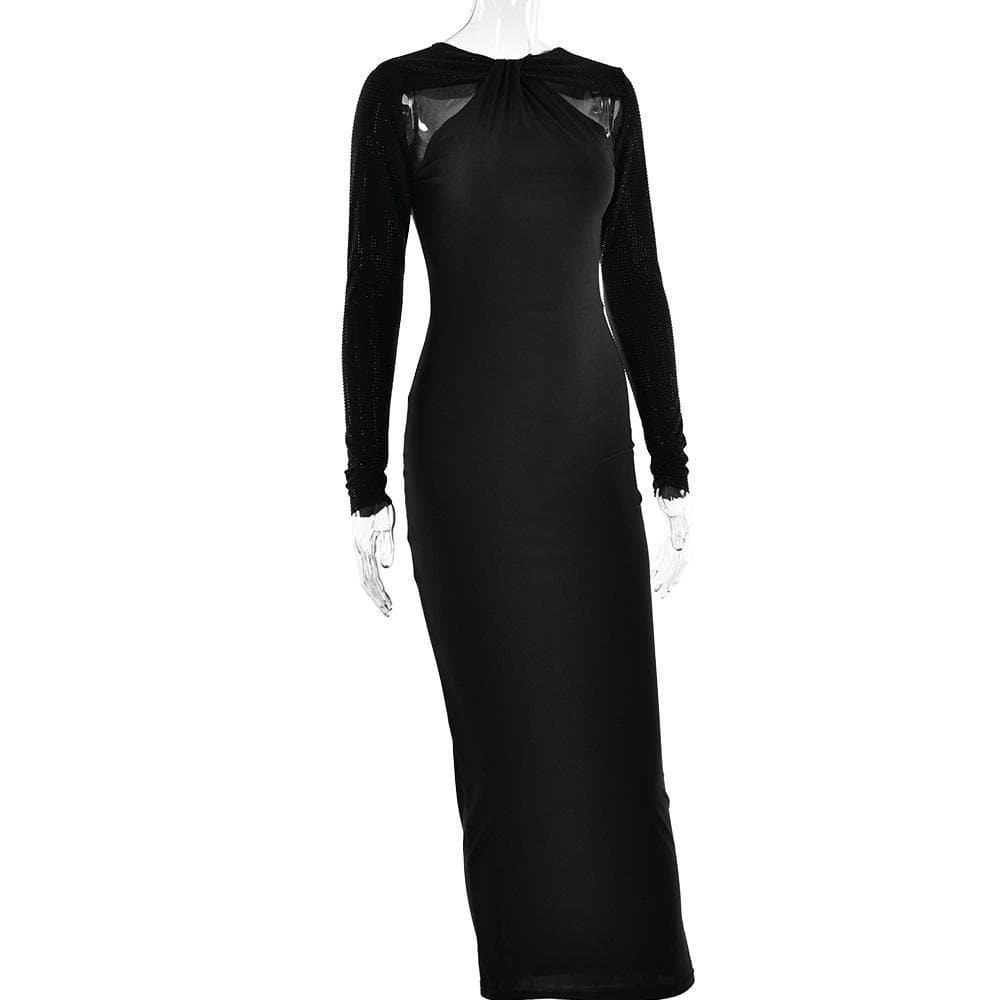Long sleeve beaded zip-up hollow out patchwork maxi dress - View 5