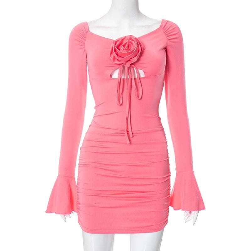 Flower Applique Off Shoulder Long Sleeve Cut Out Bodycon Mini Dress - View 2