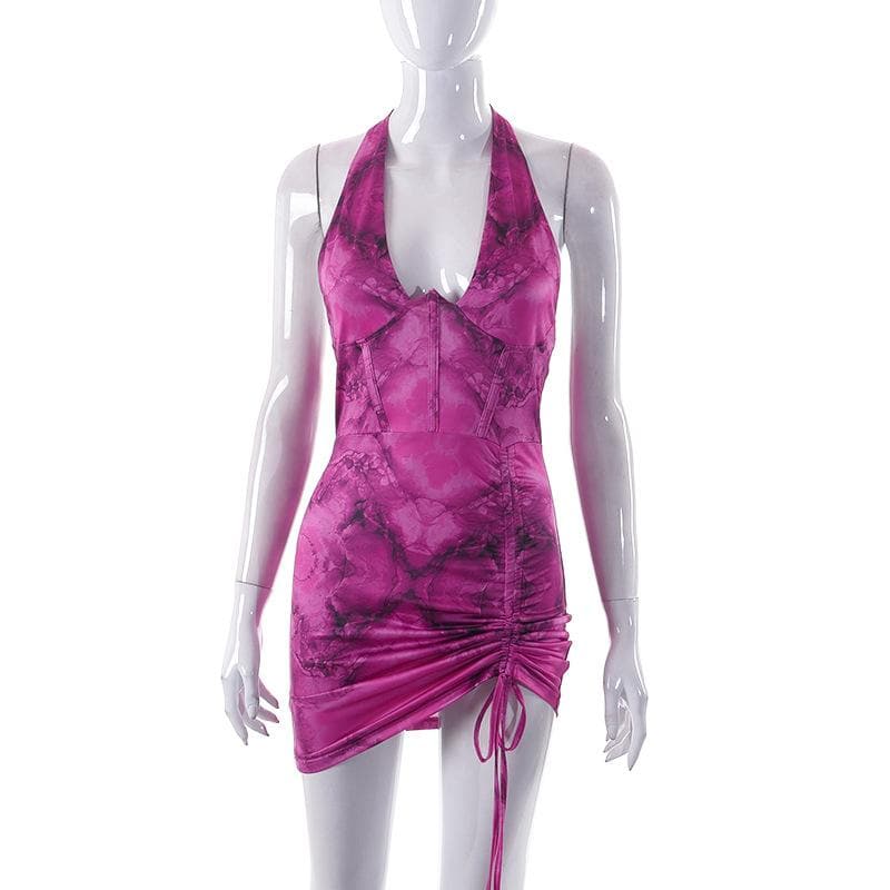 Halter Neck Corset Ruched Drawstring Backless Bodycon Mini Dress - View 3