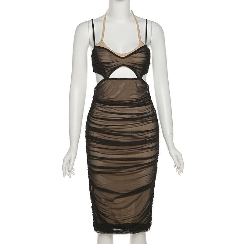 Mesh Halter Neck Cut Out Ruched Bodycon Midi Dress - View 2