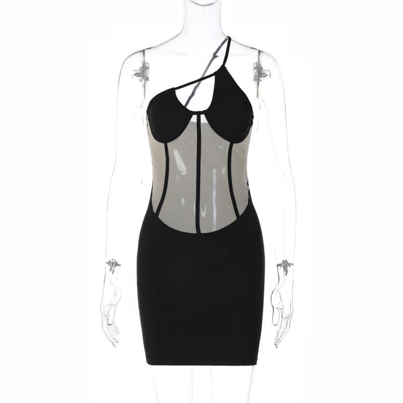Mesh One Shoulder Cut Out Corset Bodycon Mini Dress - View 8