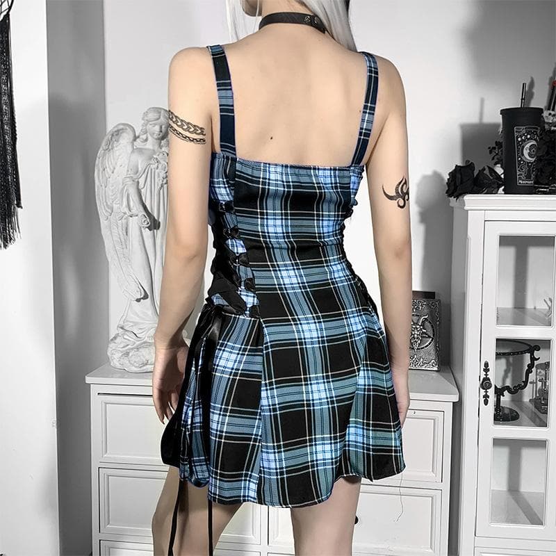 Plaid zip-up contrast sleeveless lace up backless mini dress - View 6