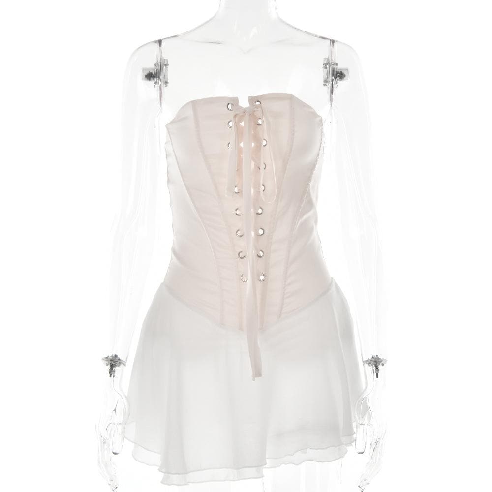 Contrast lace up zip-up ruffle backless tube mini dress - View 8