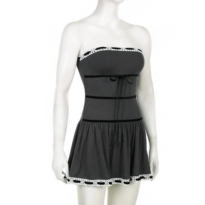 Ribbed lace hem contrast ruched backless tube mini dress - View 3