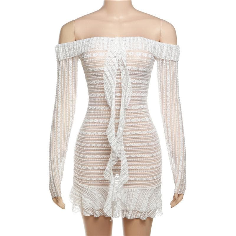 Lace see through off shoulder ruffle long sleeve solid mini dress - View 8
