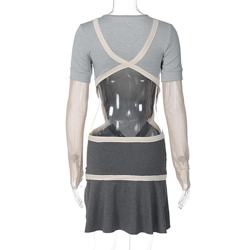 Mesh long sleeve contrast cross front mini dress - Final Sale - View 3