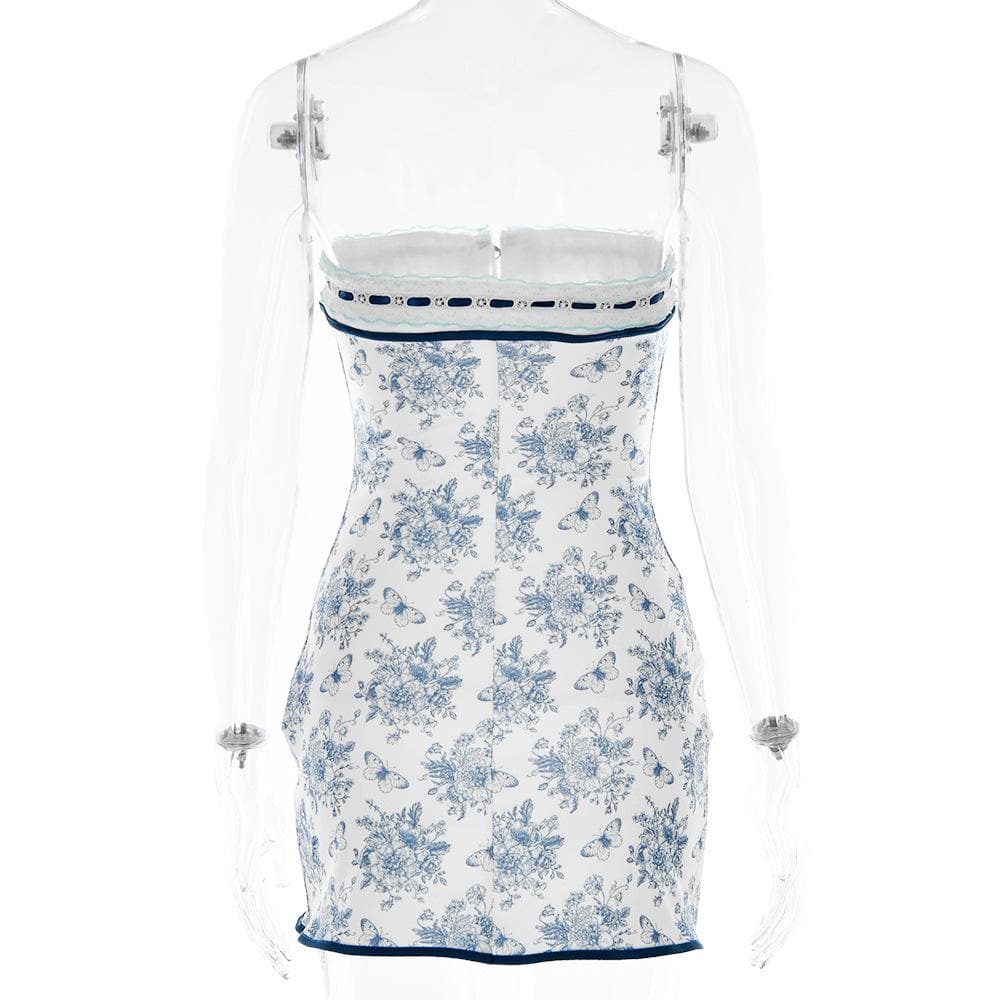 Floral Print Lace Trim Strapless Lace Up Bodycon Mini Dress - View 5