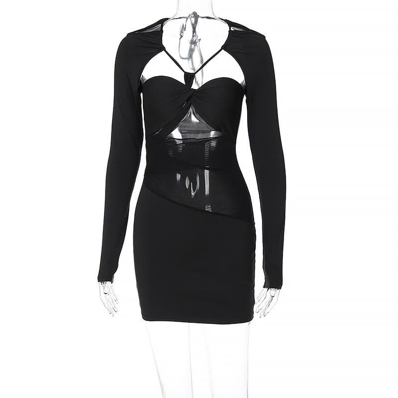Halter Neck Long Sleeve Mesh Cut Out Twist Bodycon Mini Dress - View 7