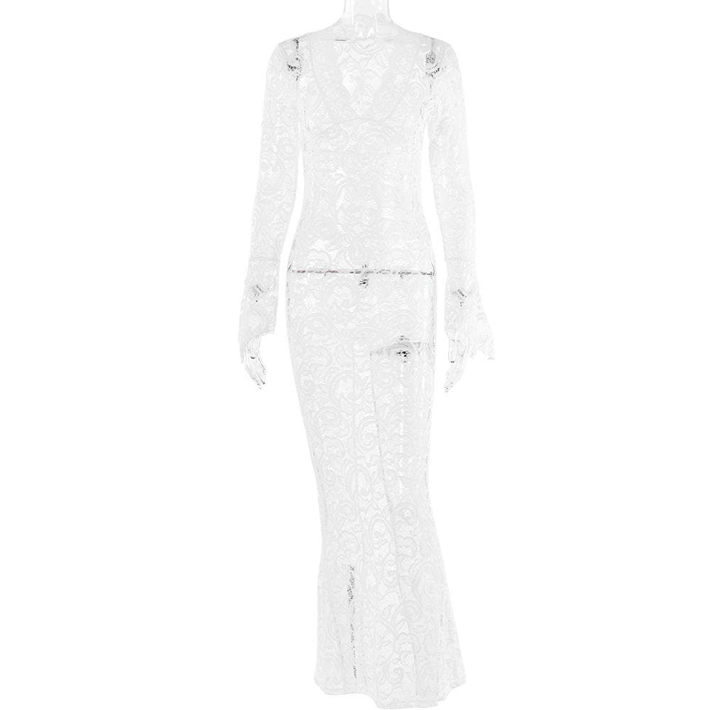 Lace see through long sleeve v neck solid maxi dress - View 4