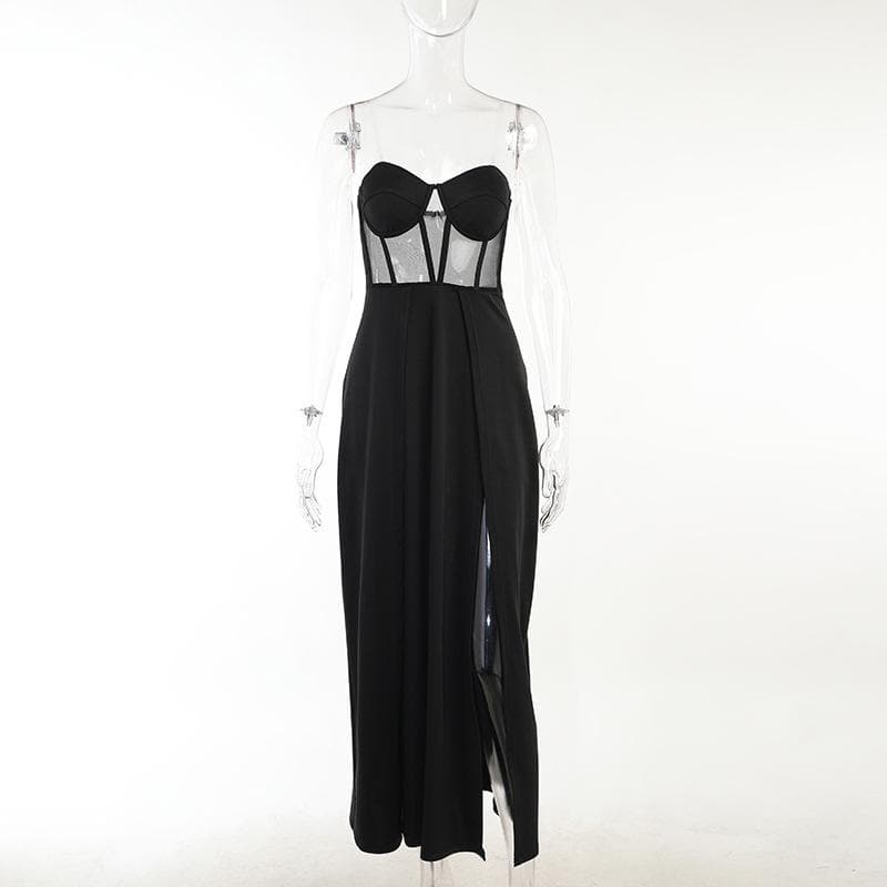 Mesh heart neck high slit pleated tube maxi dress - View 3