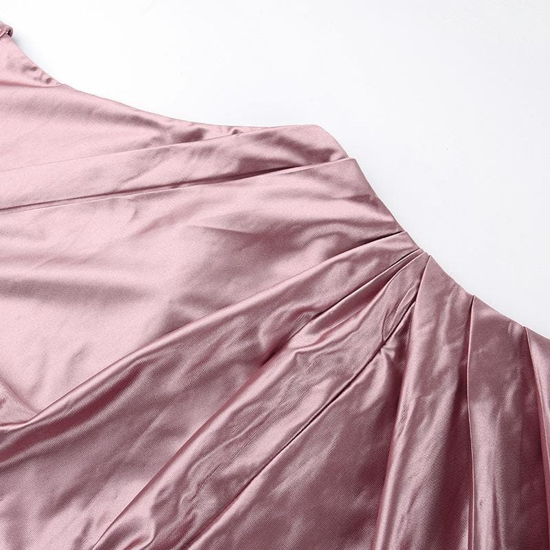 Ruched solid satin zip-up halter backless slit maxi dress - View 9
