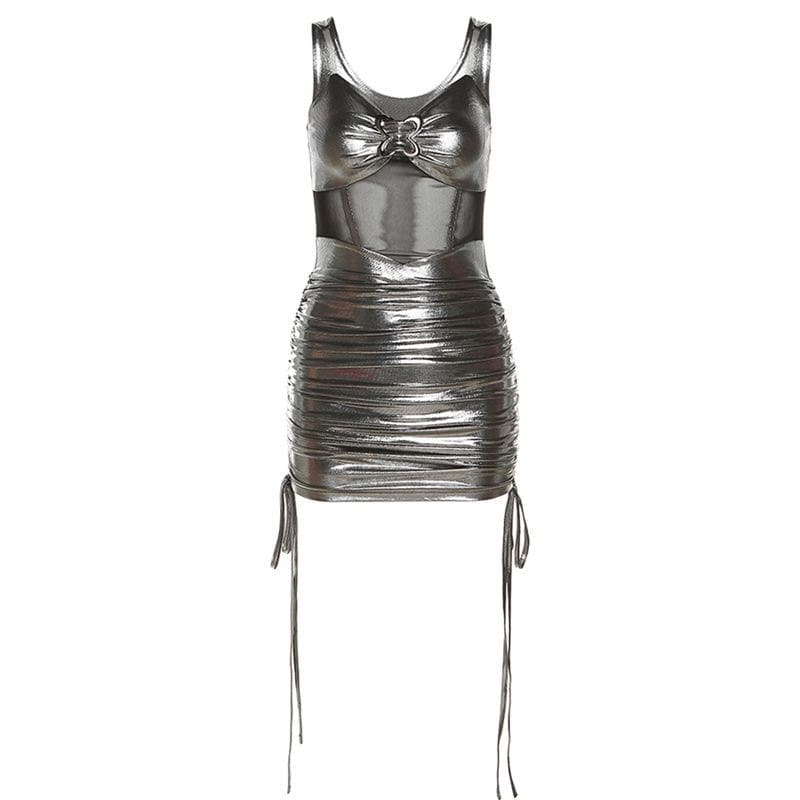 Mesh v neck drawstring buckle ruched metal mini dress - View 4