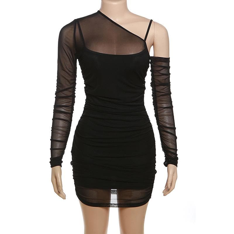 Mesh off shoulder long sleeve irregular ruched mini dress - View 9
